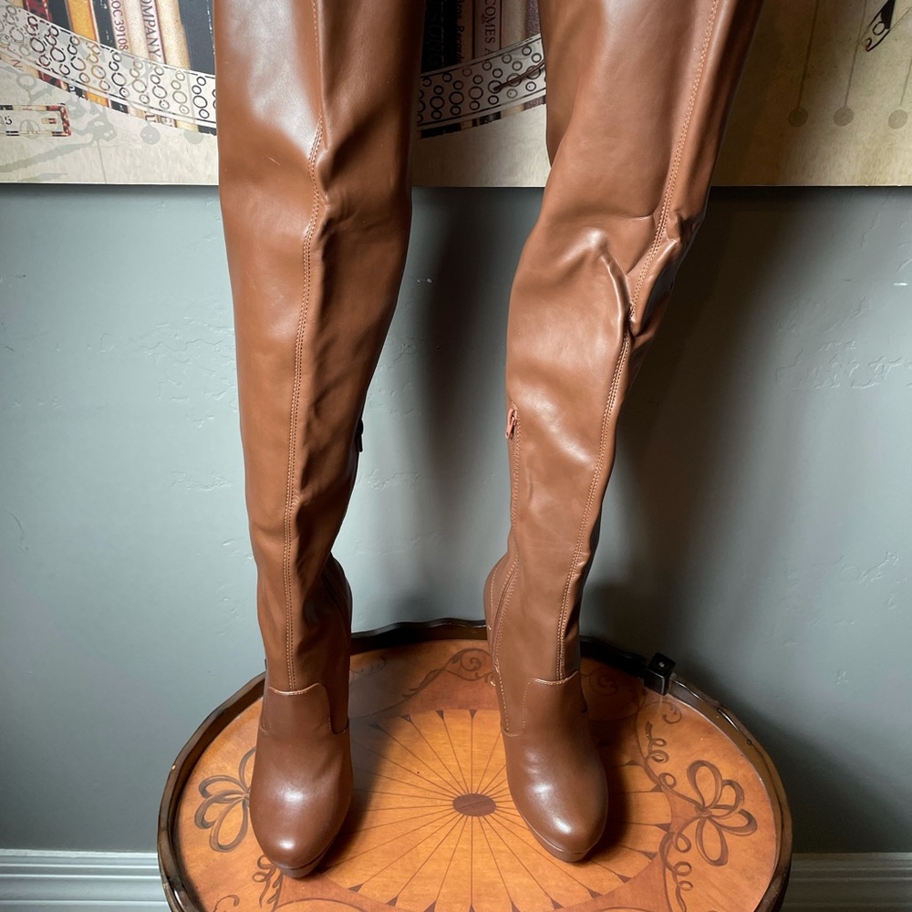 Cognac Over The Knee Heels